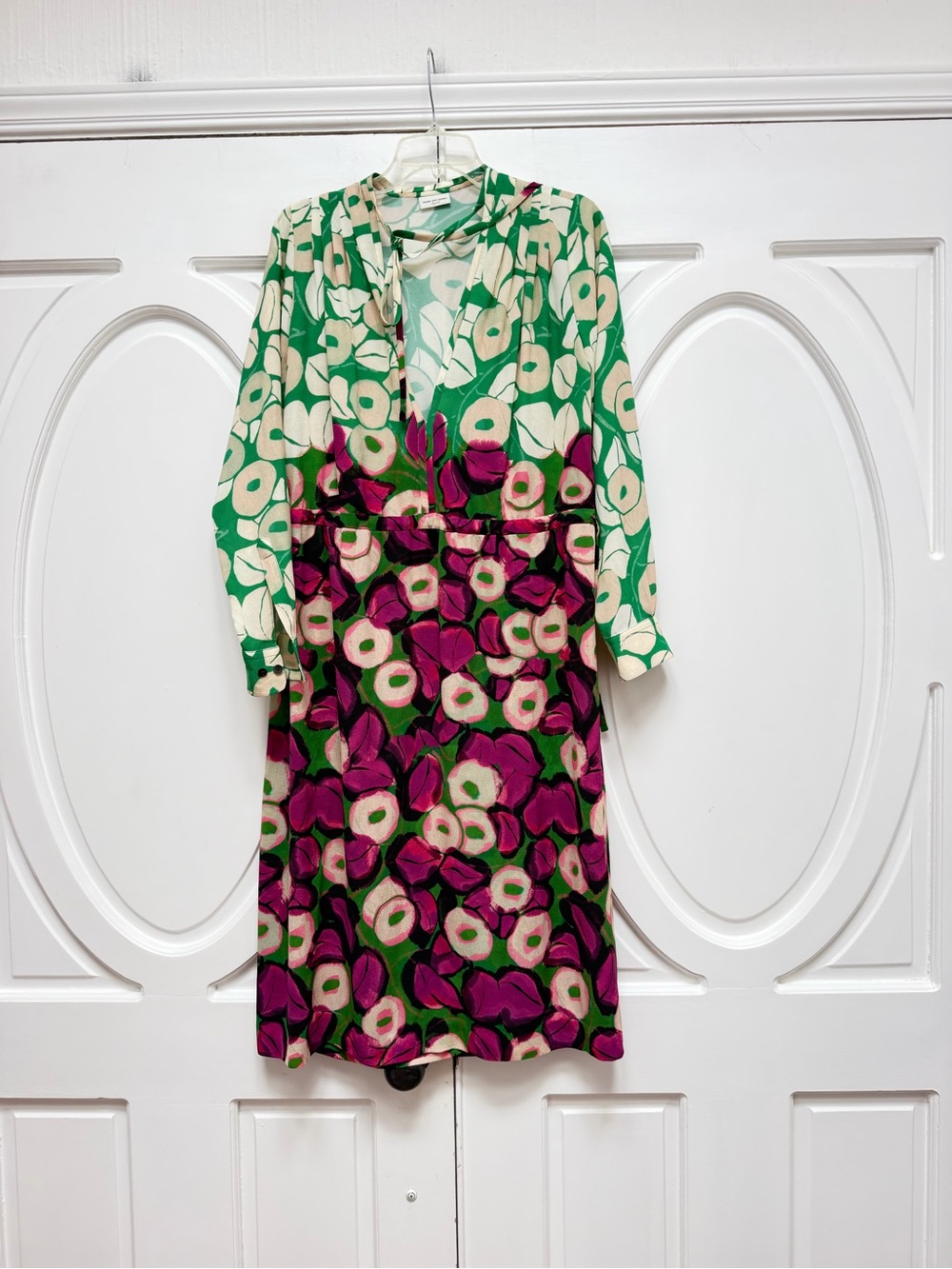 Dries Van Noten Green and Purple Floral Long-Sleeve Midi Dress